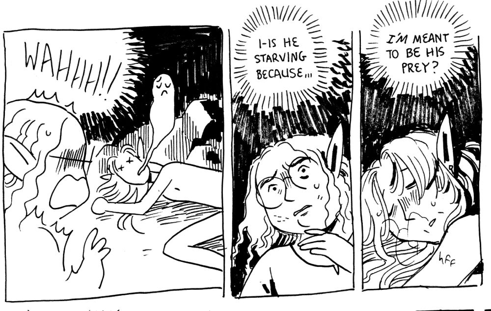 1.
a comic with diantha (also called di) and mo. the two are in a dark cave. mo is lying on the ground wasting away. diantha sees him and freaks out. 
diantha: "i-is he starving because...i'm meant to be his prey?"
