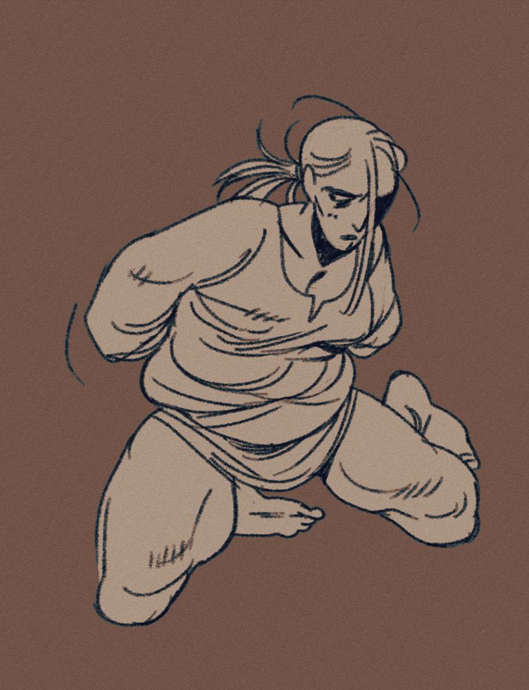 a sketch of yani, a gaunt, long-haired man with a lot of loose skin. he's kneeling and pulling an oversized shirt tight around his body. he looks a little frustrated.