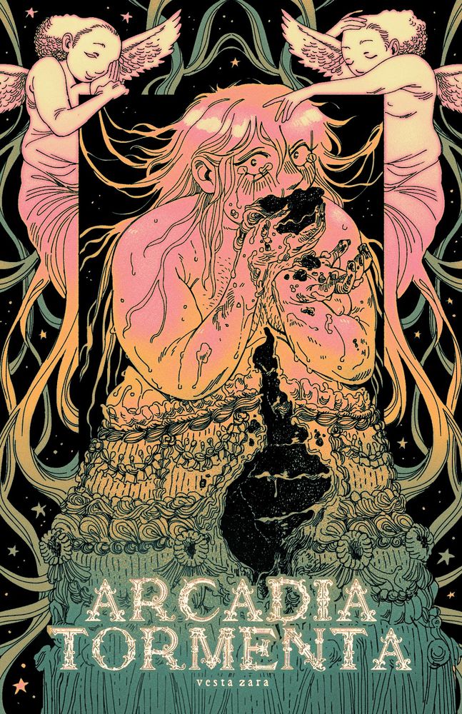 an ink illustration with a green, yellow, and pink palette. a little long-haired man, half made out of cake, shoves a piece of his cake-body into his mouth and stares at the viewer, crying. 