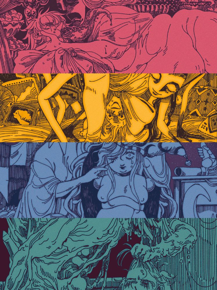 some crops of illustrations from arcadia torments. a fat jester twink is tormented in various ways: a tentacle is forced out of his mouth, he's held upside down by a wasp creature, he's turned into an armless doll, and he's held by his hair by a melted candle creature.