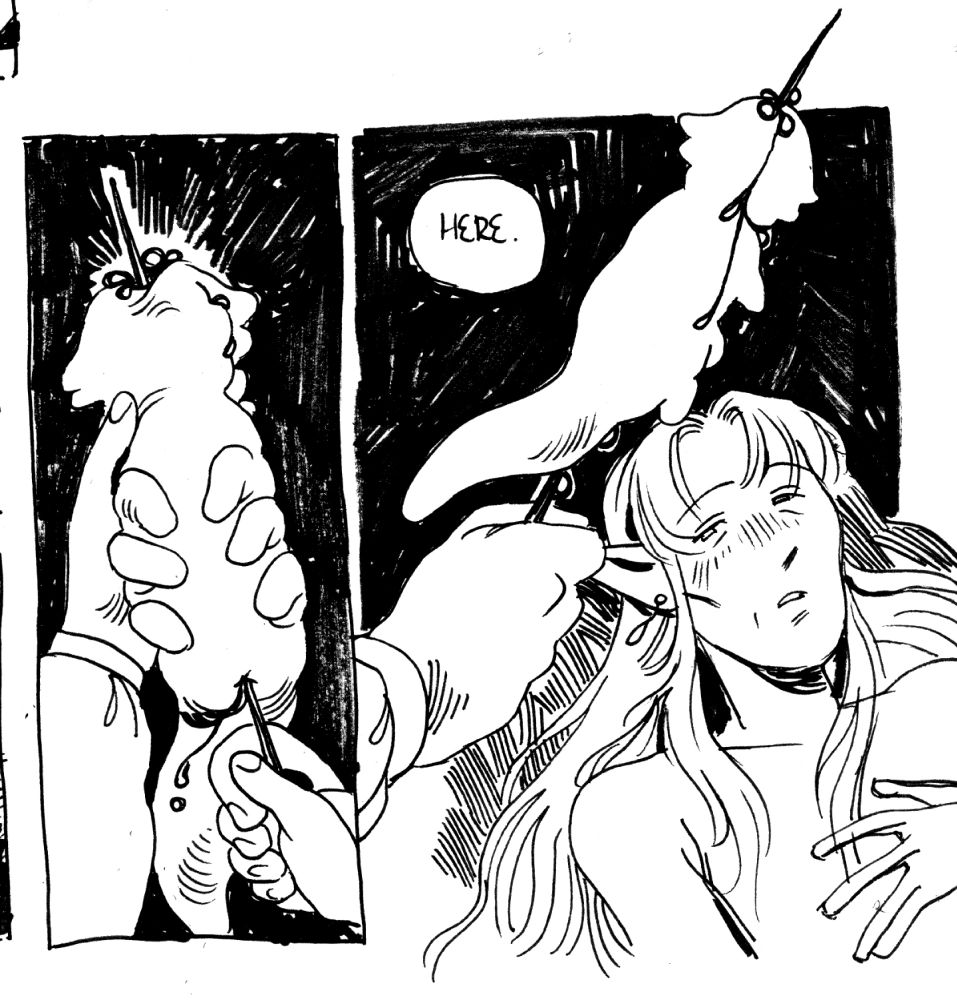 3.
diantha pokes a skewer through the dead creature like a kebab. they hand it to mo, who looks up weakly.
diantha: "here."
