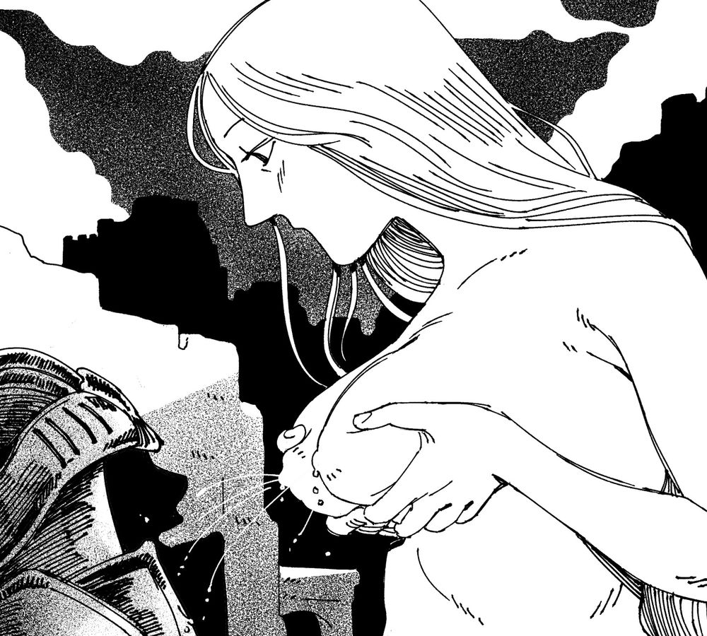 crop of a black and white ink illustration. a character lactates into another character's mouth. the first character is naked, the latter is in shadowy armor.