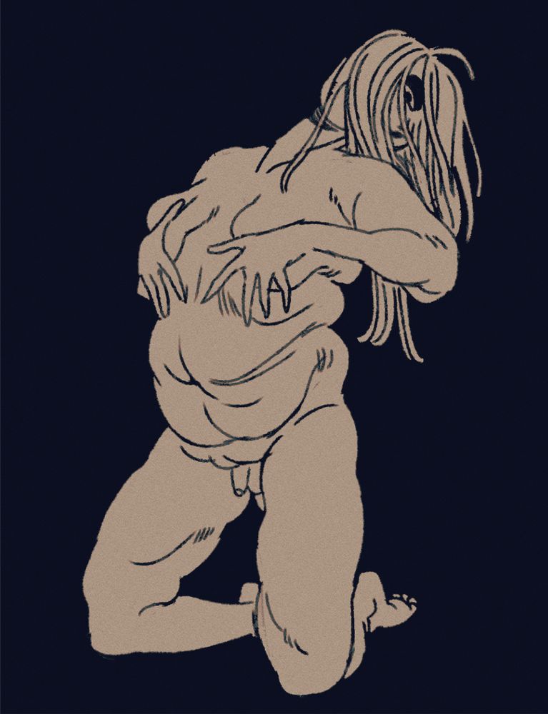 yani naked and kneeling, running his hands over his body and giving the viewer an ominous stare.