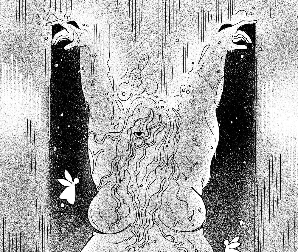 crop of an illustration. a character stands in a waterfall with her arms raised. she has an intense expression. little faceless fairy things flutter around her.