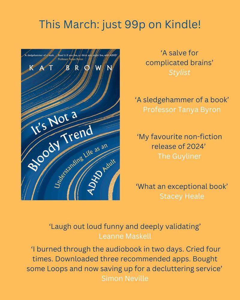 Cover image of 'It's Not a Bloody Trend' by Kat Brown, now just 99p on Kindle for all of March 2025. Picture also features a selection of endorsements of the book.