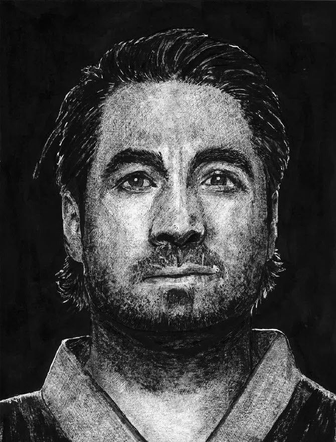 Black ink portrait from the front of Andres Ambühl, former hockey player
