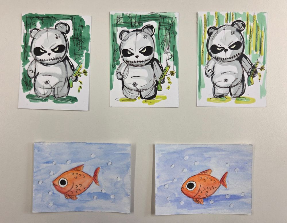 Above: 3 ATCs with an expressive Panda (Marker) - all the same
Below: orange fish before blue background - both the same