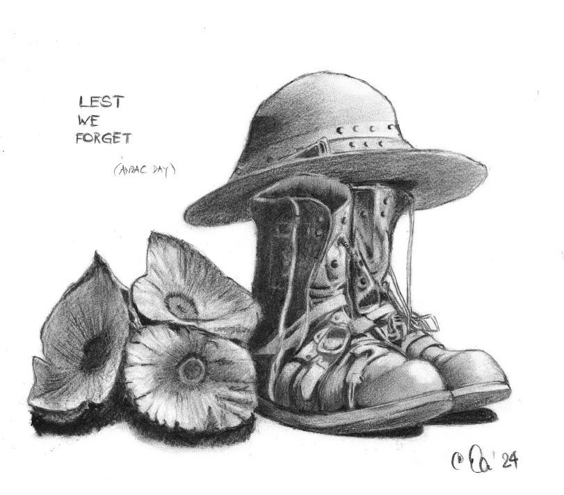 Bleistiftzeichnung von 3 Moonblumen, 1 Paar Mlitärstiefeln aus 1918 sowie ein Expeditionshut der damaligen ANZAC-Truppen, die in Gallipoli gekämpft haben.