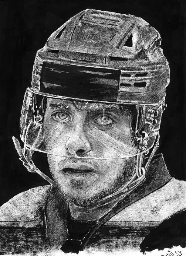 Black ink portrait drawing of Guillaume Asselin (EHC Olten)