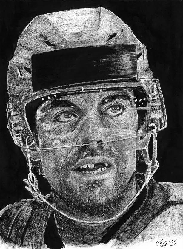 Ink drawing of an hockey player. Front drawn, with helmet. Eyes away from the viewer