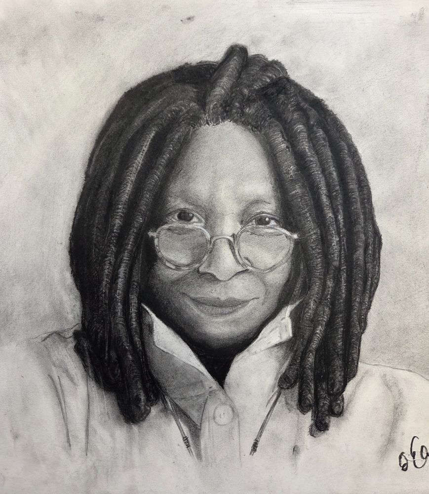 Pencil drawing. Portrait of Whoopi Goldberg.
Shows her from the front, wearing glasses.
