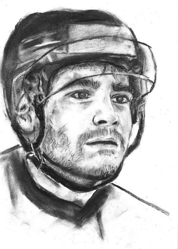 Charcoal portrait of hockey player Silvan Wyss. Kohlezeichnung von Hockeyspieler Silvan Wyss.