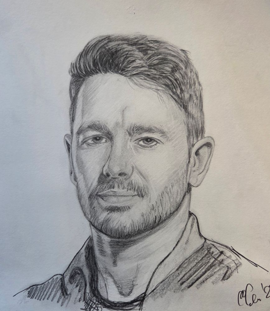 Pencil portrait of hockey player Stanislaw Horansky of EHC Olten. Shows a front portrait of a man.
