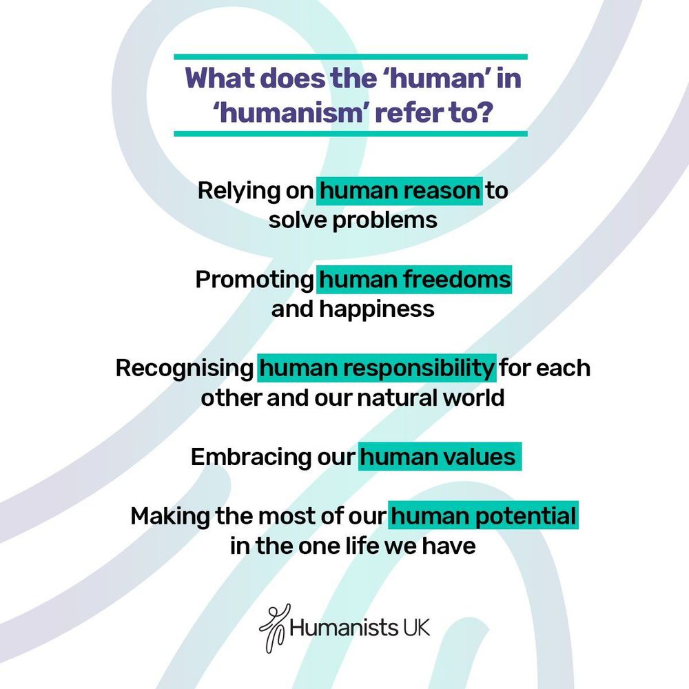 What does the 'human' in 'humanism' refer to? Relying on human reason to solve problems. Promoting human freedom and happiness. Recognising human responsibility for each other and our natural world. Embracing our human values. Making the most of our human potential in the one life we have.