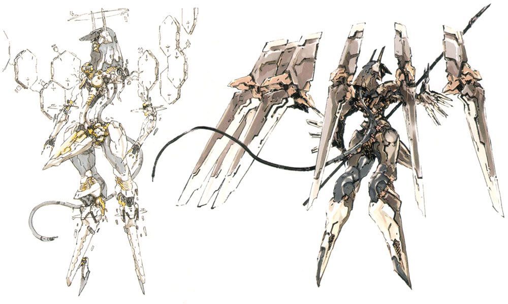 Concept d'art d'Anubis de Zone of the Enders. Un mecha anthropomorphique chien et humain basé sur le dieu du même nom, il a aussi des grandes ailes verticales et une lance.