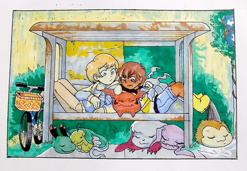 Daikichi was hoping to cuddle his best friend Hiro for warmth but was twarthed by a needy gigimon! They're both lying on the seat of a bus stop while it tries to get between them. A tsumemon lays on Dai's lap, and many babies sleep soundly under the bus stop. Babydmon and puroromon are cuddling in their sleep, xiaomon and koromon are fucking good warmth, and tsunomon is enjoying the rain while he sleeps.