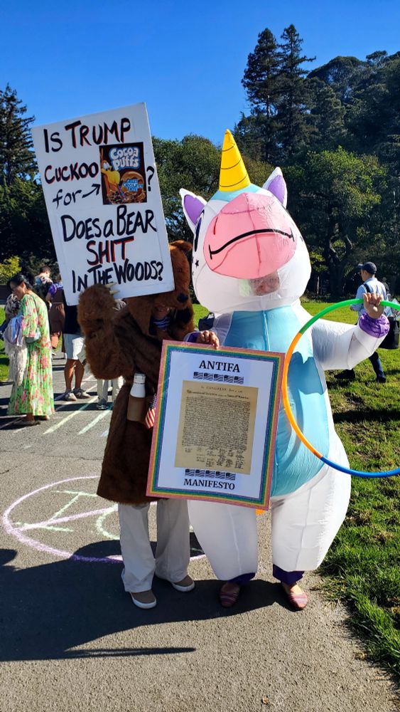 Mama Bear in Berkeley with Antifa unicorn