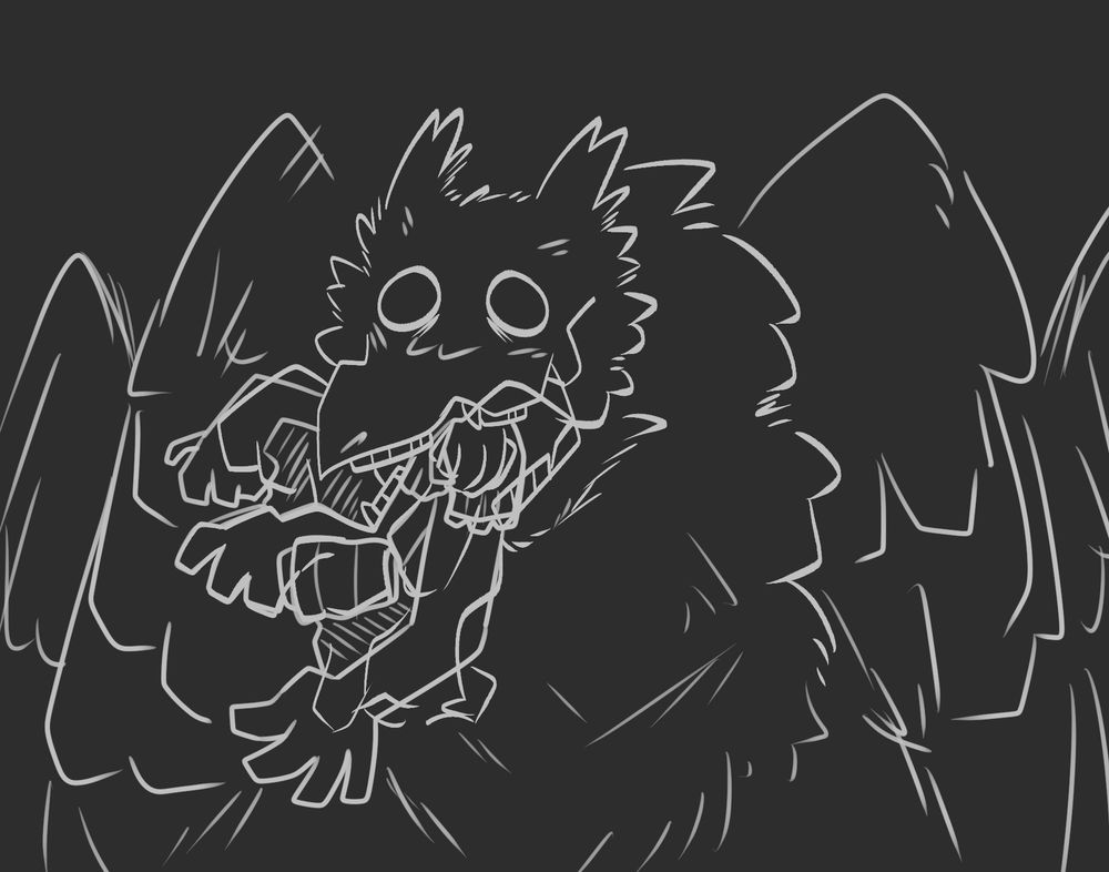 The image is white lined on a grayish background, prominently in the center is a bird type monster with blank eyes and several wings, its peak is distorted and unhinged with many hands coming out reaching towards the screen