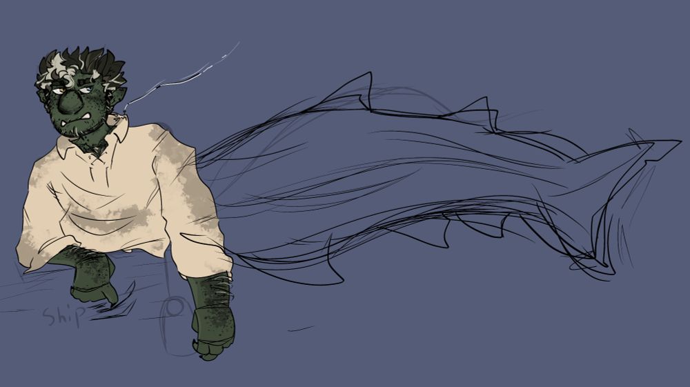 A half orc in a lose pirate shirt, a fishing hook in the collar with a faint string coming out of it, he's scratching at a ship with one finger, his large shark body flowing behind him