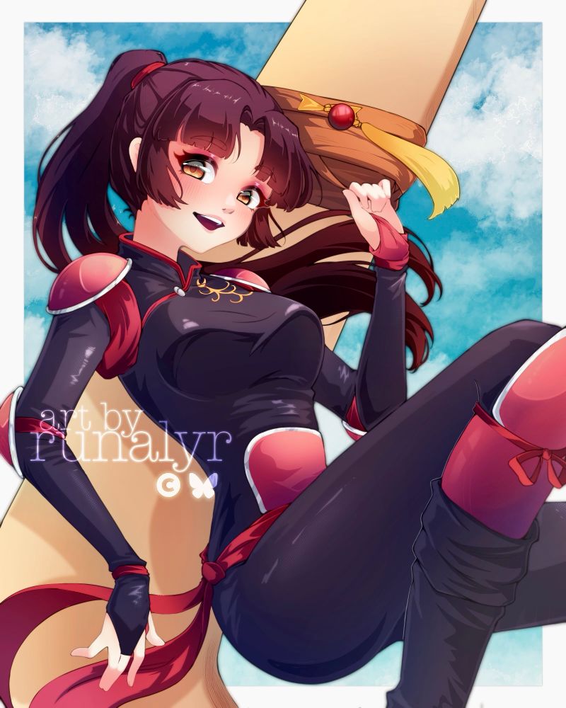 Fanart of Sango from the anime Inuyasha (犬夜叉). She is in a falling / jumping pose with a blue sky background behind her, also holding her weapon (a big ass boomerang). Text reads: art by runalyr (me)
