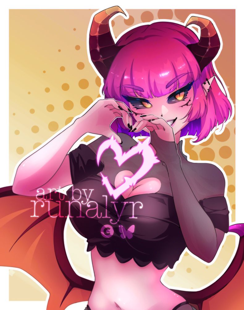 Art fight attack for @assbread  (friendly fire)

Features anime style art of their succubus OC Zuli, who has short pink hair, pink skin, red wings and a dark outfit. She is holding her hands in a heart gesture with a magical love heart. Background is simple yellow shapes & gradient. 

Text reads: art by runalyr 
