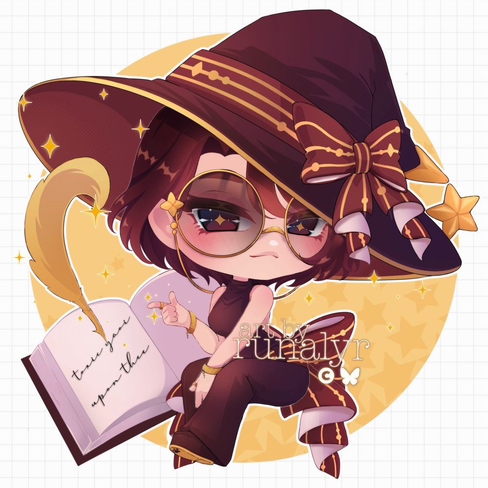 Artfight attack for @caffeecat

Chibi style illustration of their oc/sona who is a witch wearing a red outfit & hat, also with lots of gold detailing & sparkles. Background is simple circle against grid with star details. 

Text reads: art by runalyr 