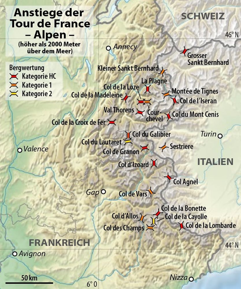 Eine Karte der französischen Alpen auf der steht "Anstiege der Tour de France Alpen - höher als 2000 Meter über dem Meer" dann jeweils Kategorien HC 1 und 2. Die Pässe sind dann in drei Farben eingezeichnet auf der Karte