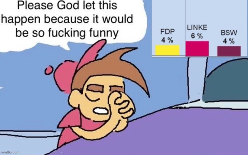 Please God let this happen because it would be so funny meme. FDP at 4%, Linke at 6% and BSW at 4%. 