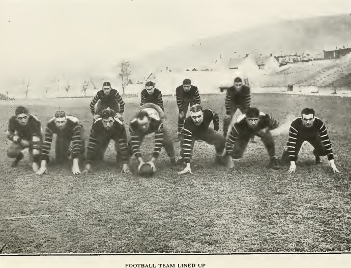Posed photo of 1917 Lehigh University football team. Front line in stances, 4 backs lined up behind, hands on knees.