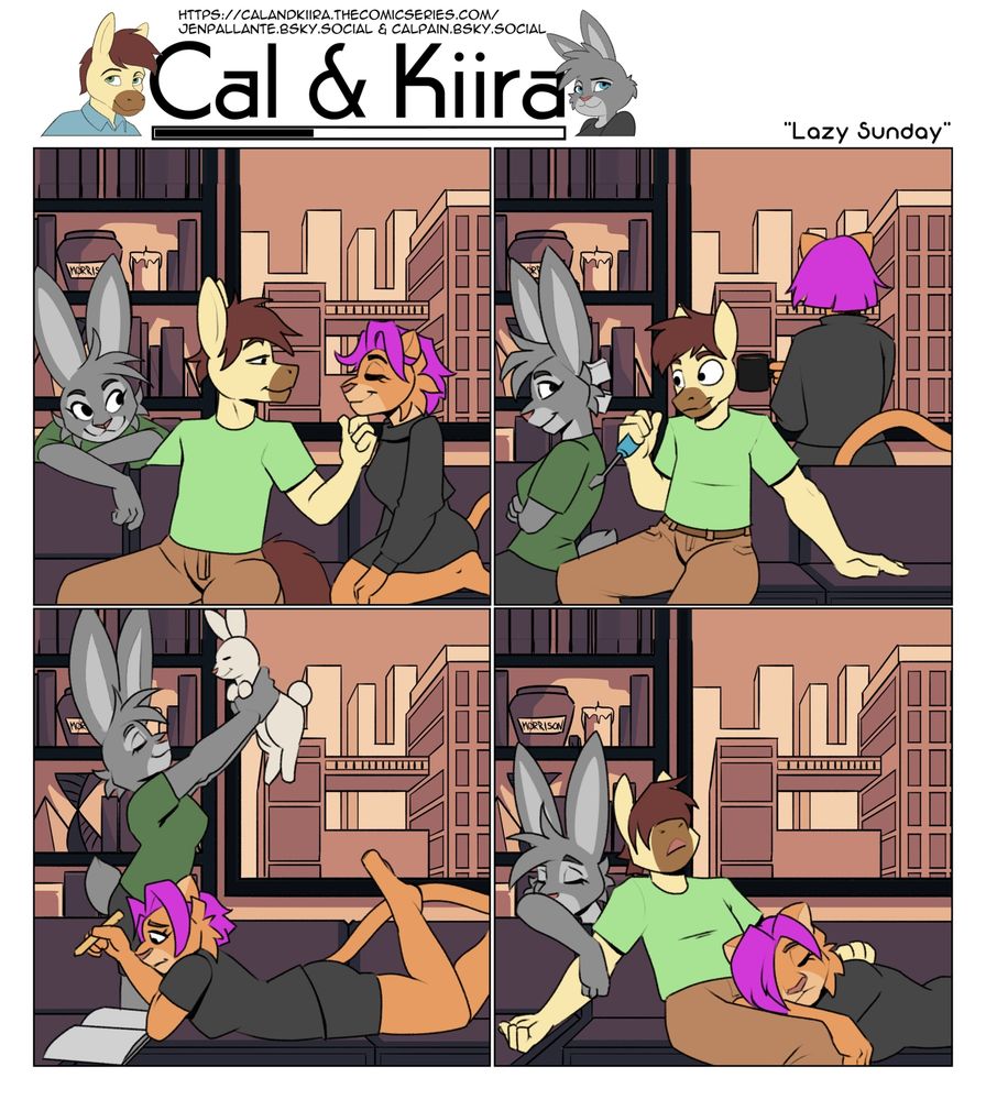 a slice of live from our cast. Panel one shows Cal flirting with Paige while Kiira smiles and watches. Panel two shows cal doing some work on Kiira's cybernetics while Paige looks out the window. Panel 3 shows Paige doing homework while Kiira plays with sugarbun. And panel 4 shows them all passed out in a cuddle pile. 