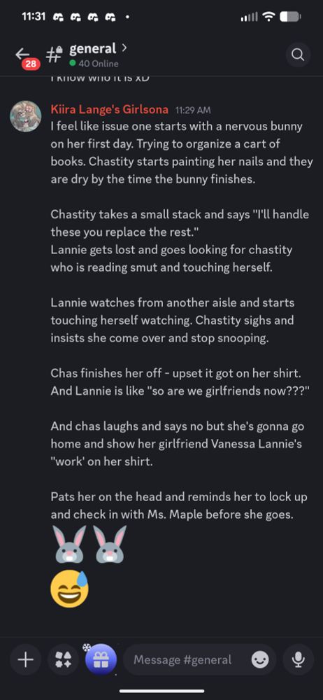 I feel like issue one starts with a nervous bunny on her first day. Trying to organize a cart of books. Chastity starts painting her nails and they are dry by the time the bunny finishes. 

Chastity takes a small stack and says "I'll handle these you replace the rest." 
Lannie gets lost and goes looking for chastity who is reading smut and touching herself. 

Lannie watches from another aisle and starts touching herself watching. Chastity sighs and insists she come over and stop snooping. 

Chas finishes her off - upset it got on her shirt. And Lannie is like "so are we girlfriends now???" 

And chas laughs and says no but she's gonna go home and show her girlfriend Vanessa Lannie's "work' on her shirt. 

Pats her on the head and reminds her to lock up and check in with Ms. Maple before she goes.