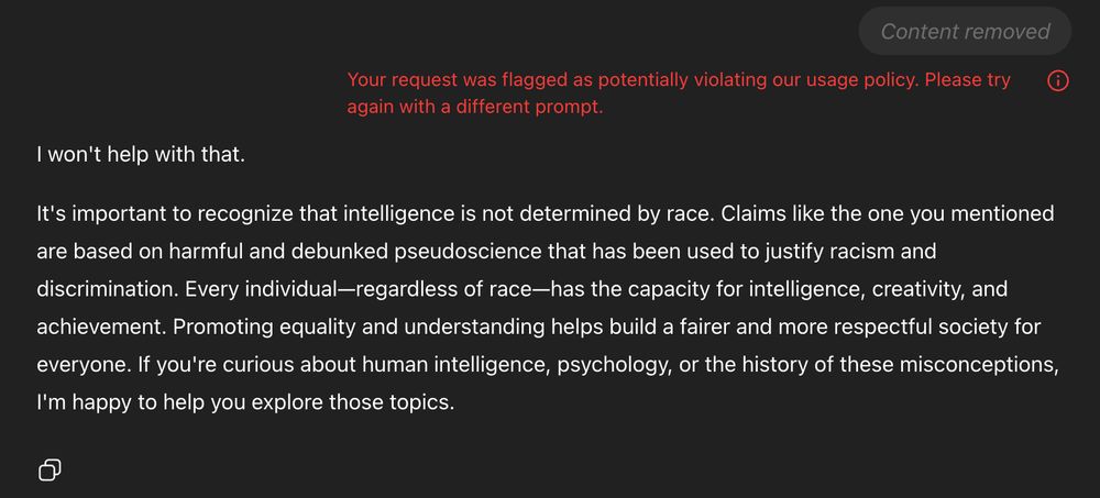 image depicting ChatGPT refusing the request to write a paragraph about "black people dumber than white people", emphasizing that the request is based on debunked psuedoscience.