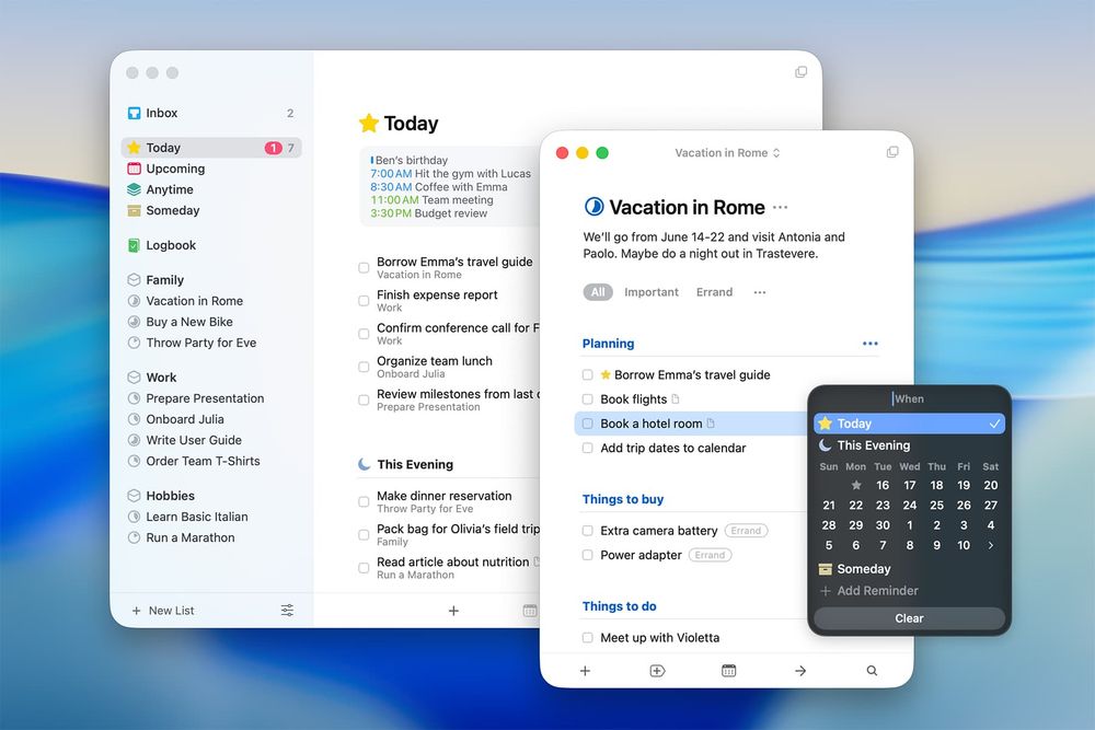a screenshot of Things running on macOS 26. the actual chrome for all windows and popovers have absurdly bulbous rounded corners 