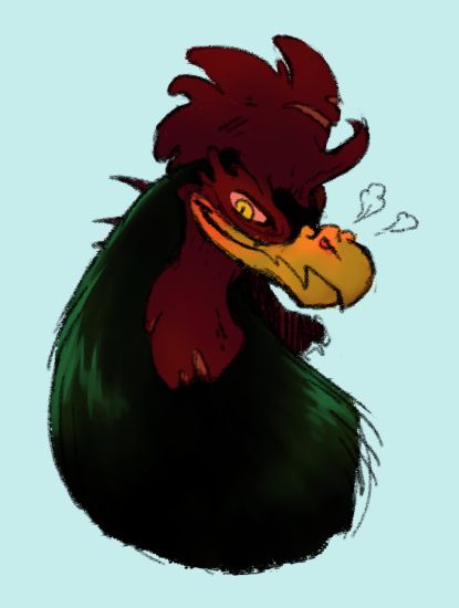 The picture shows a headshot of a cockatrice. It has dark green feathers, a bright red comb, a yellow beak and eyes and it looks smug to the viewer