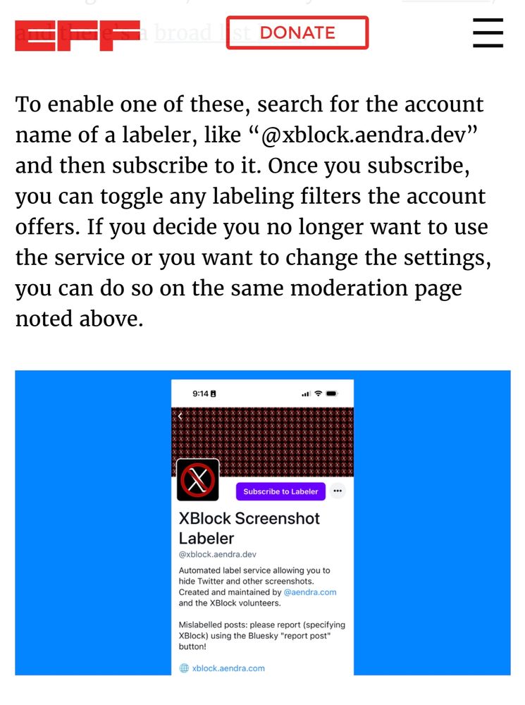 Screenshot from the article, quote:

To enable one of these, search for the account name of a labeler, like “@xblock.aendra.dev” and then subscribe to it. Once you subscribe, you can toggle any labeling filters the account offers. If you decide you no longer want to use the service or you want to change the settings, you can do so on the same moderation page noted above.