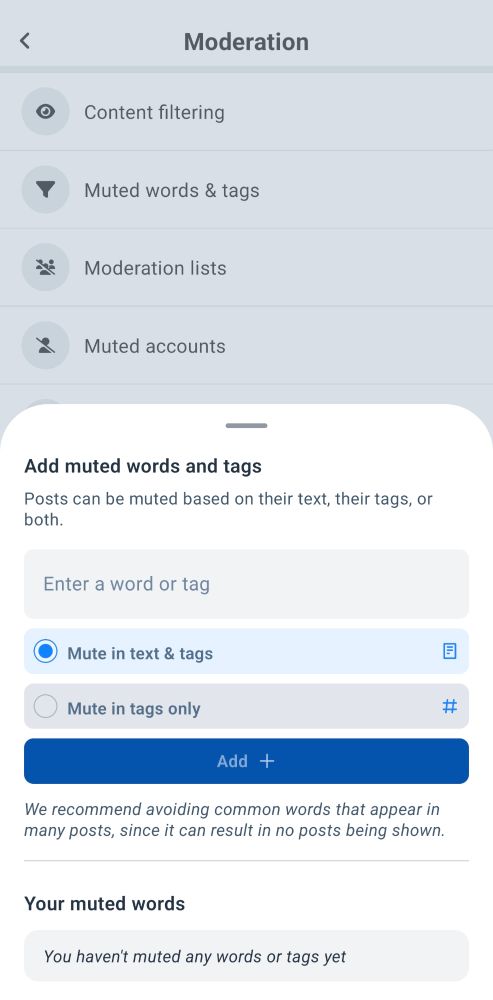 Screenshot of muted words page