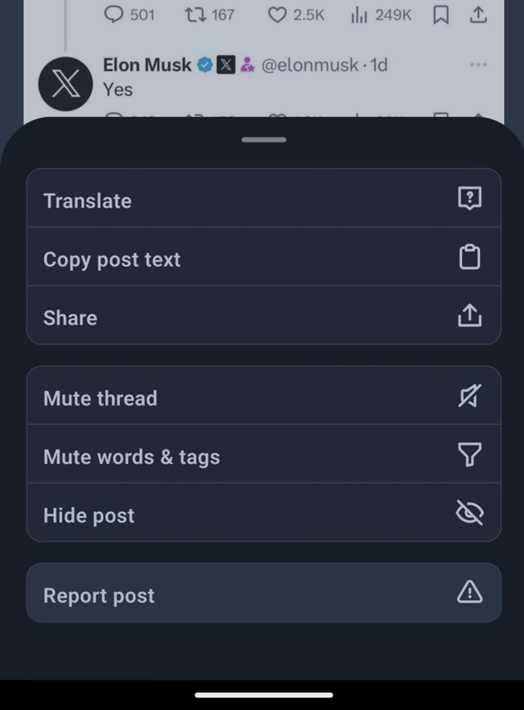 Screenshot of the Bluesky post options dialog, report post is selected