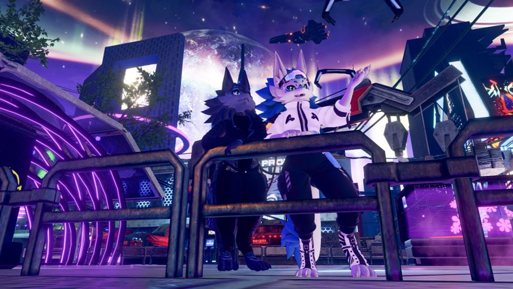 two novabeasts looking out at a city behind the viewer, with many parts of that cyberpunk city and the sky visible behind them.