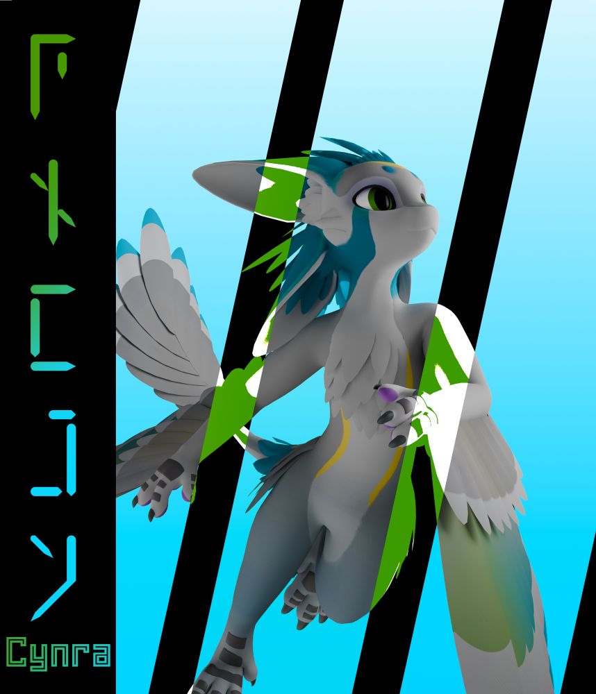 A 3D render of an avali, running to the left and looking like they’re about to take off. There’s avali scratch on the left that spells CYNRA.