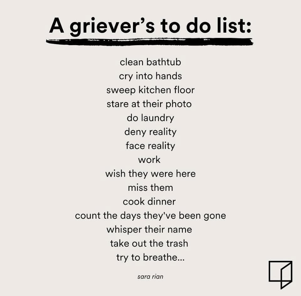 A grievers to do list including items such as 'clean bathtub' and 'cry into hands' and 'cook dinner' and 'miss them'