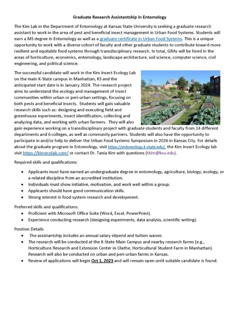 Graduate research position available in Entomology at Kansas State University. Visit https://kimecolab.com for more information about the position. Picture of an urban farm in Kansas City, KS