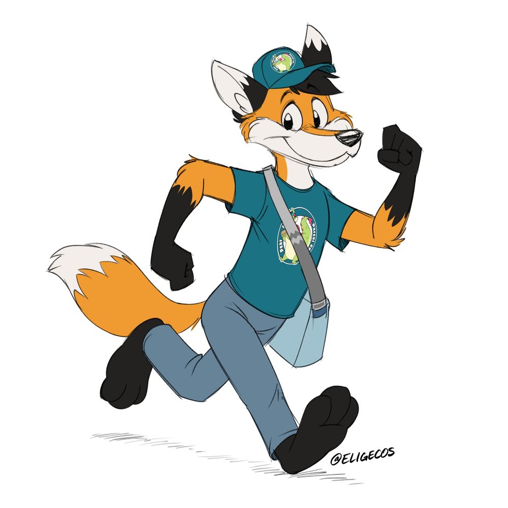 An anthromorphic fox jogging along wears a messenger bag and a T-shirt and hat. The hat and the shirt feature a cloud keeper dragon with the Pear Pals Parcel Co logo on them. 