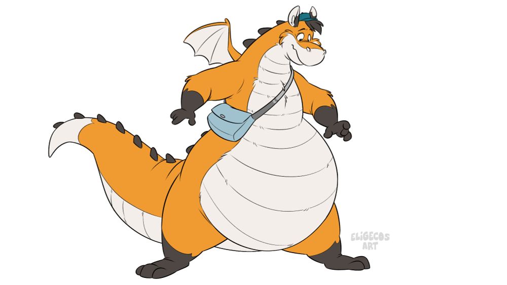An anthromorphic fuzzy pear shaped dragon looks a bit confused at his new build. The messenger bag and hat remain, but they seem a lot smaller than they did earlier. 