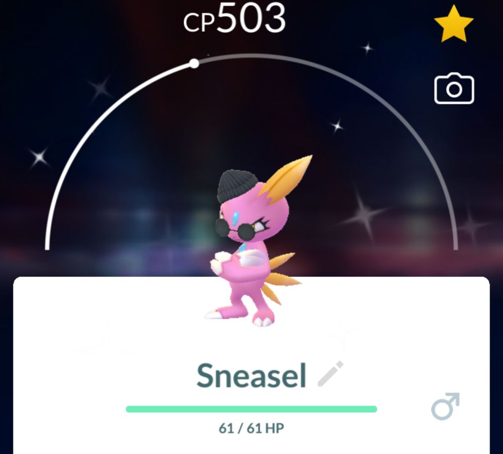 A screenshot of a Pokémon GO game showing a shiny Sneasel with a CP of 503. The Sneasel is pink with yellow accents and wears a black beanie and round black sunglasses. The screen shows it has full health at 61/61 HP. A star icon is visible in the top-right corner, indicating it is marked as a favorite.