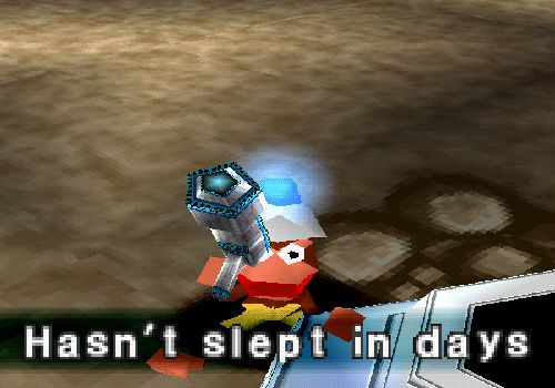 a monkey from the hit game Ape Escape (1999) going ape shit, with a caption reading "Hasn't slept in days"