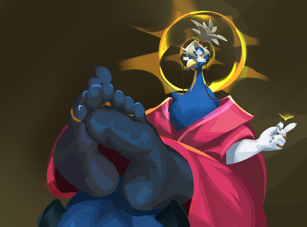 The Boss, a big blue peacock, is showing off his huge feet and snapping his fingers while looking at you expectantly.