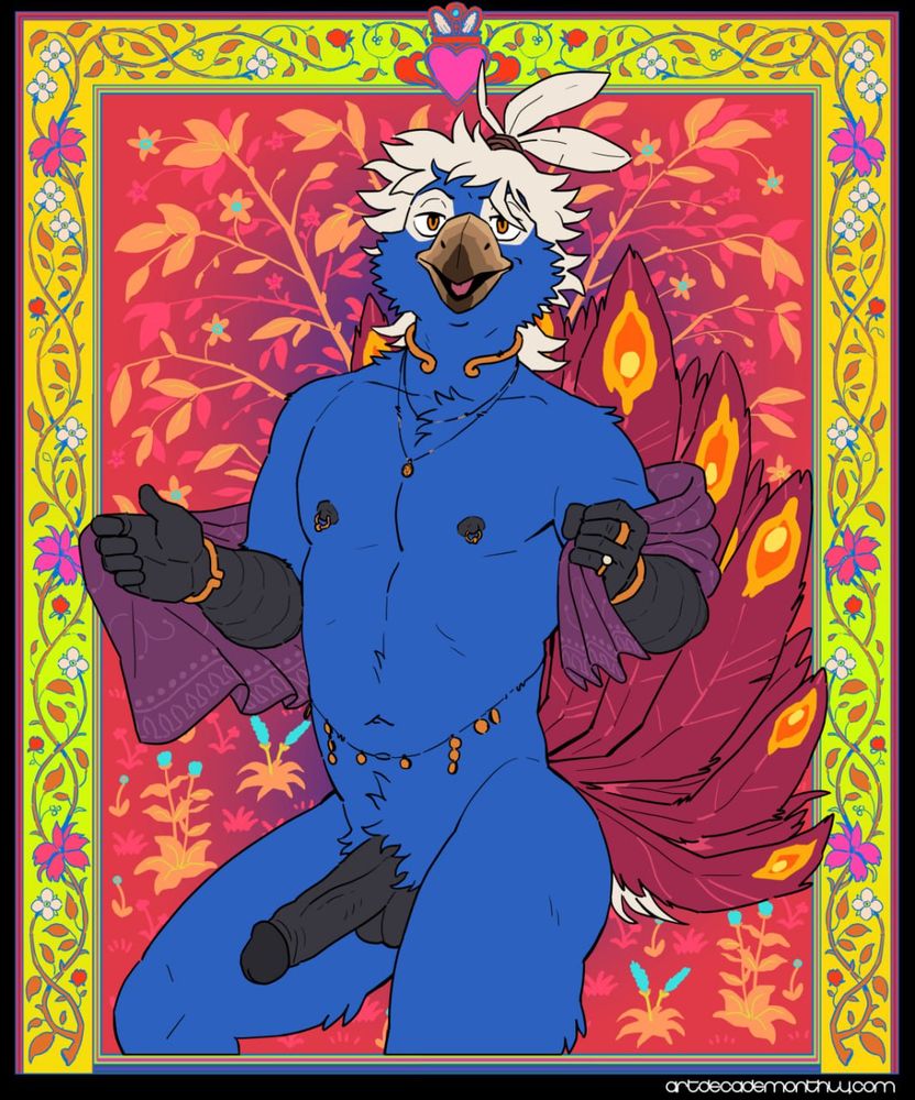 The Boss, a big beautiful blue peacock, against a psychedelic background of plants, with a claddagh at the top of the border for the picture.