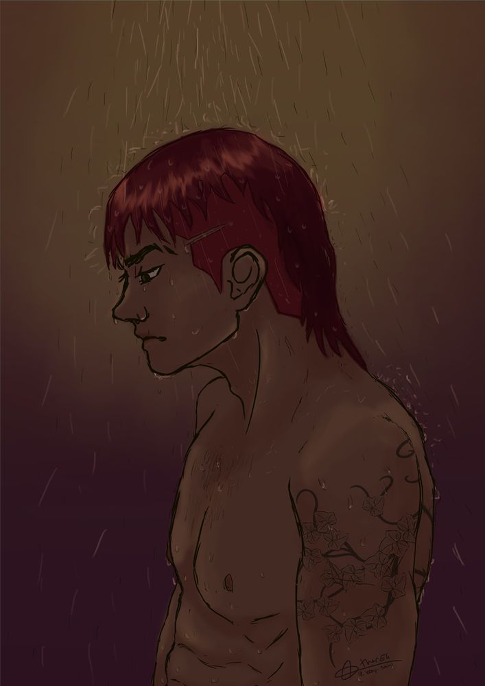 an angsty looking Casper stereotypically looking depressed in the shower. Casper has dark red hair and an ivy style tatto covering his back and over his shoulder leading down his upper arm 