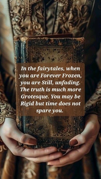 A woman in antique garb holds a well used old book