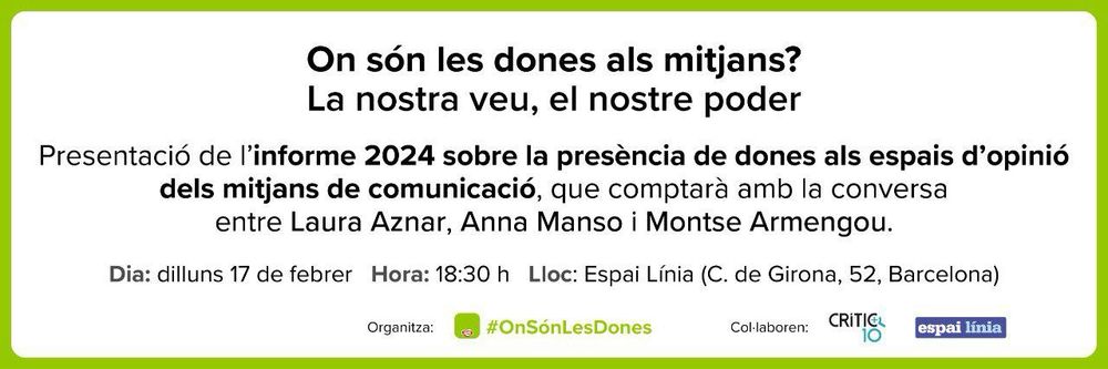 L’acte es farà el dilluns 17 de febrer a les 18:30 h a l’Espai Línia (Girona 52, Barcelona).